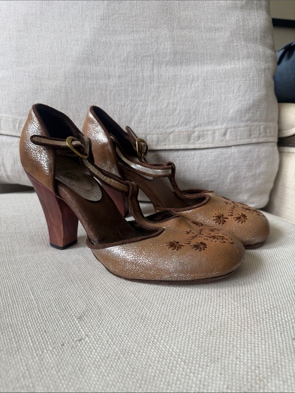Brown Floral Cutout Mary Jane Heels with T-Strap